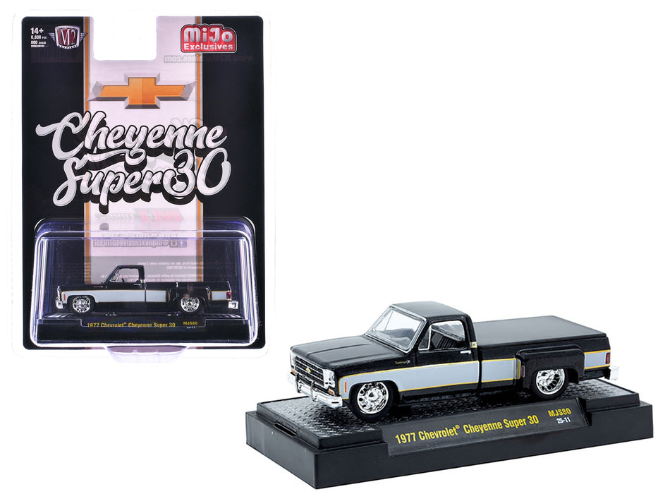 1977 Chevrolet Cheyenne Super 30 Pickup Truck Black with White Sides Limited Edition to 8000 pieces Worldwide 1/64 Diecast Model Car by M2 Machines