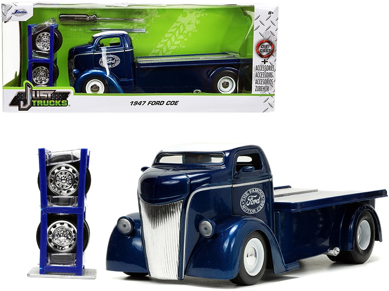 1947 Ford COE Flatbed Truck Dark Blue Metallic with White Top "The Famous Motor Cars" with Extra Wheels "Just Trucks" Series 1/24 by Jada