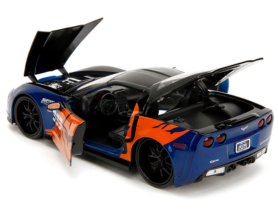 NEW 2006 Chevrolet Corvette Z06 #333 "Spirit Racing" Blue Metallic and Orange with Black Hood and Top "Bigtime Muscle" Series 1/24 Diecast Model Car by Jada
