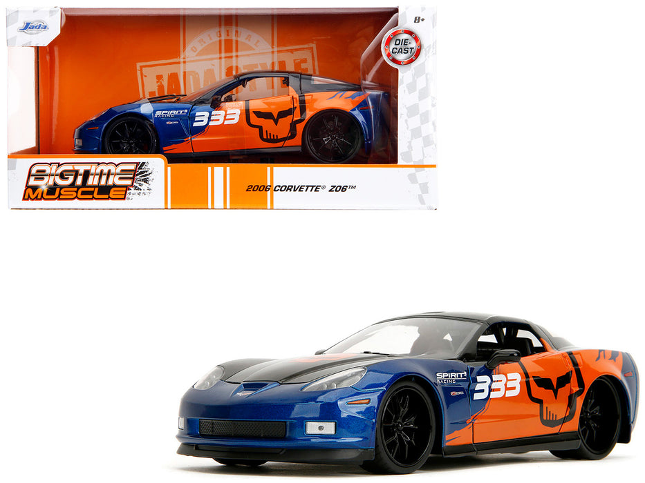 NEW 2006 Chevrolet Corvette Z06 #333 "Spirit Racing" Blue Metallic and Orange with Black Hood and Top "Bigtime Muscle" Series 1/24 Diecast Model Car by Jada