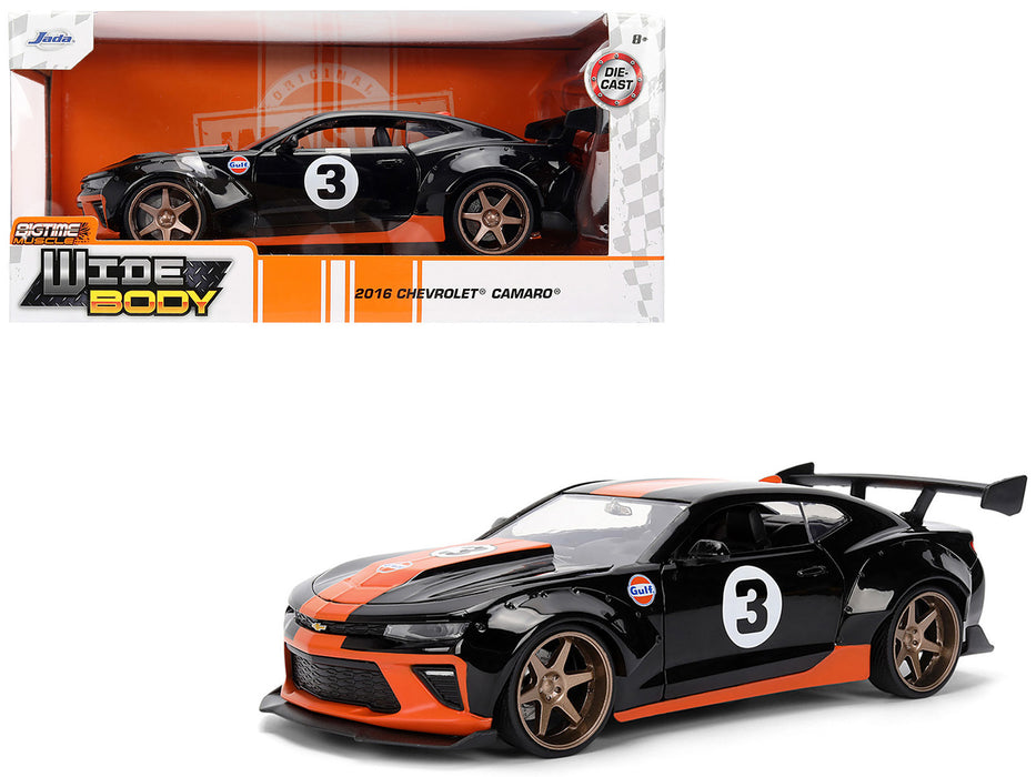 NEW 2016 Chevrolet Camaro #3 "Gulf Oil" Black with Orange Stripe "Wide Body" Series 1/24 Diecast Model Car by Jada