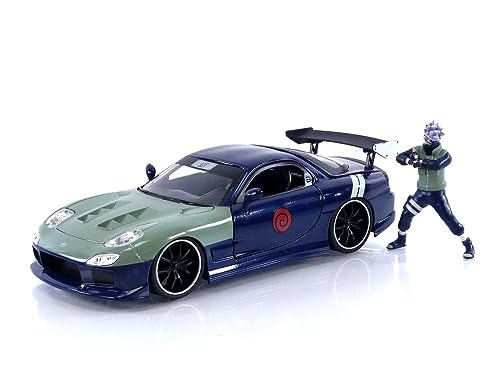 1993 Mazda RX-7 Dark Blue with Green Hood and Kakashi Hatake Diecast Figure "Naruto Shippuden" (2009-2017) TV Series "Anime Hollywood Rides" Series 1/24 Diecast Model Car by Jada