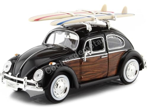 1966 Volkswagen Beetle Black with Wood Panels and Two Surfboards on Roof Rack 1/24 Diecast Model Car by Motormax