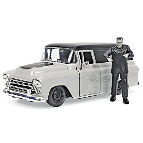 1957 Chevrolet Suburban Gray and Black with Graphics and Frankenstein Diecast Figurine "Universal Monsters" "Hollywood Rides" Series 1/24 Diecast Model Car by Jada