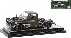 1973 Chevrolet Cheyenne Super 10 Square Body Bedless Truck Bright Red and green with Graphics "Edelbrock" Limited Edition to 3550 pieces Worldwide 1/24 Diecast Model Car by M2 Machines