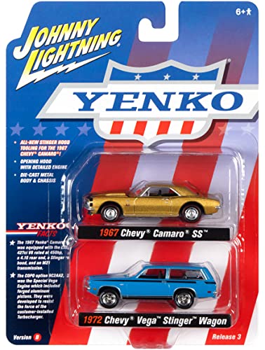 1967 Chevrolet Camaro SS Gold Metallic and 1972 Chevrolet Vega Stinger Wagon Blue "YENKO" Set of 2 Cars 1/64 Diecast Model Cars by Johnny Lightning