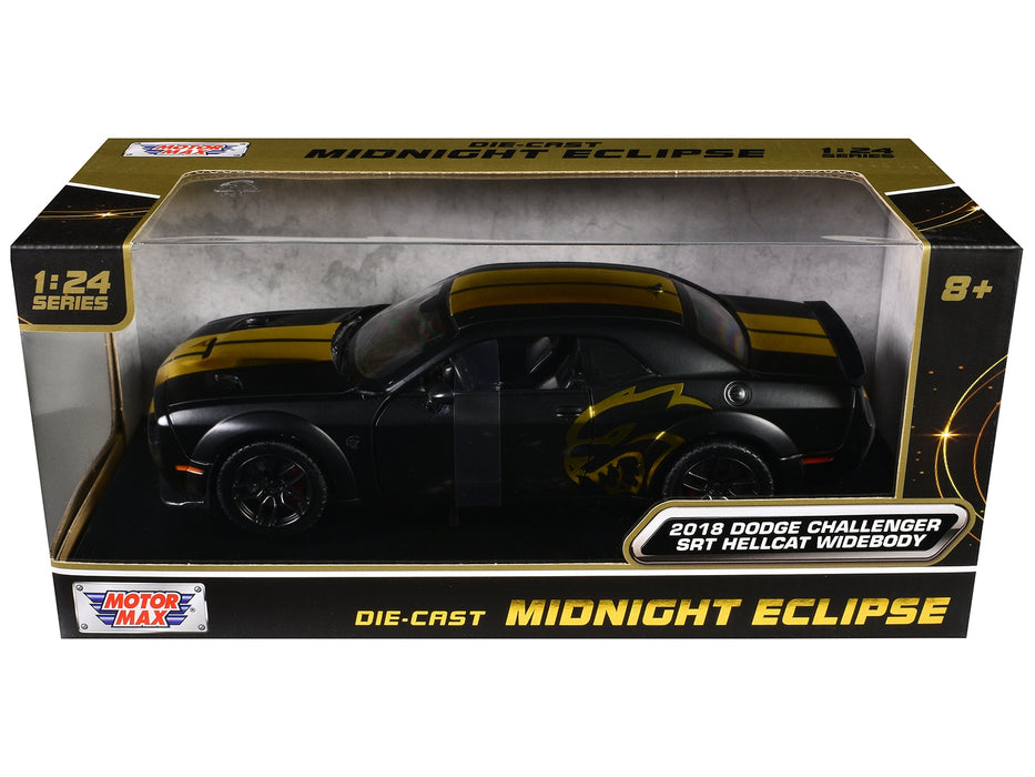 2018 Dodge Challenger SRT Hellcat Widebody Matt Black with Gold Stripes and Graphics "Midnight Eclipse" Series 1/24 Diecast Model Car by Motormax