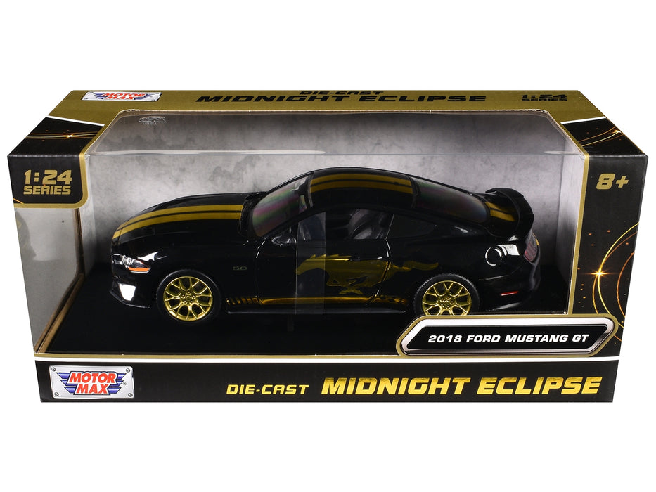 2018 Ford Mustang GT 5.0 Black with Gold Stripes and Graphics "Midnight Eclipse" Series 1/24 Diecast Model Car by Motormax