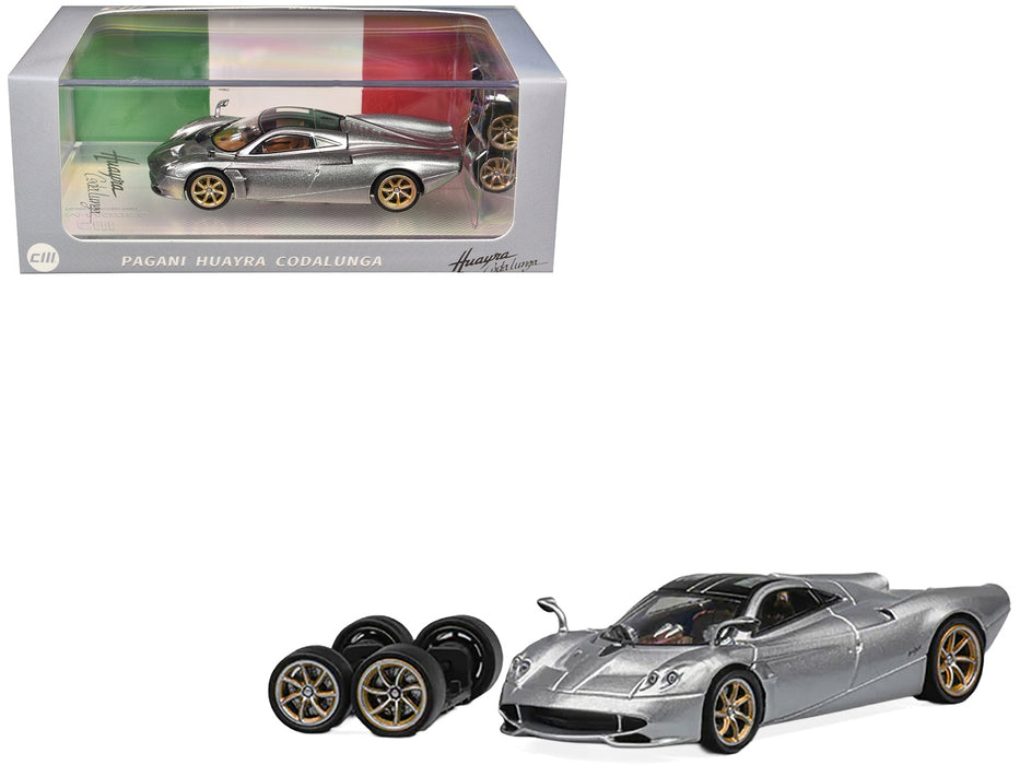 Pagani Huayra Codalunga Silver Metallic with Sunroof and Extra Wheels 1/64 Diecast Model Car by CM Model