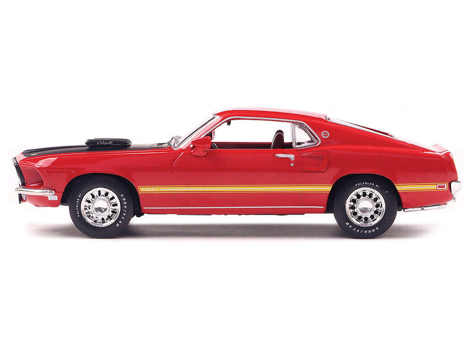 1969 Ford Mustang Mach 1 Calypso Coral Red with Black Hood and Yellow Stripes 1/43 Diecast Model Car by IXO Models