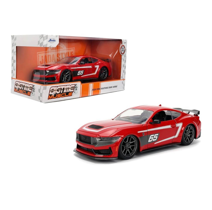 NEW 2024 Ford Mustang Dark Horse Red with White Racing Stripes “65” Graphics “Bigtime Muscle” Series 1/24 Diecast Model Car by Jada