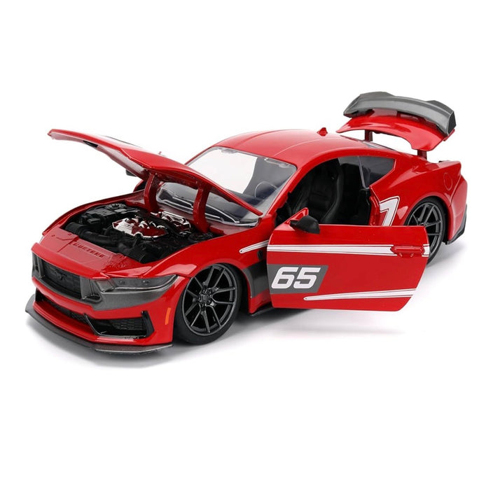 NEW 2024 Ford Mustang Dark Horse Red with White Racing Stripes “65” Graphics “Bigtime Muscle” Series 1/24 Diecast Model Car by Jada