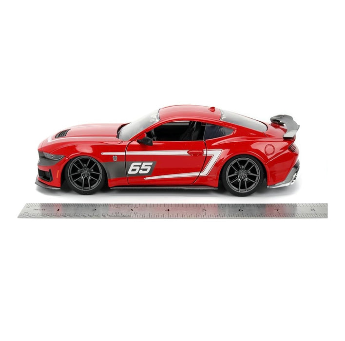 NEW 2024 Ford Mustang Dark Horse Red with White Racing Stripes “65” Graphics “Bigtime Muscle” Series 1/24 Diecast Model Car by Jada