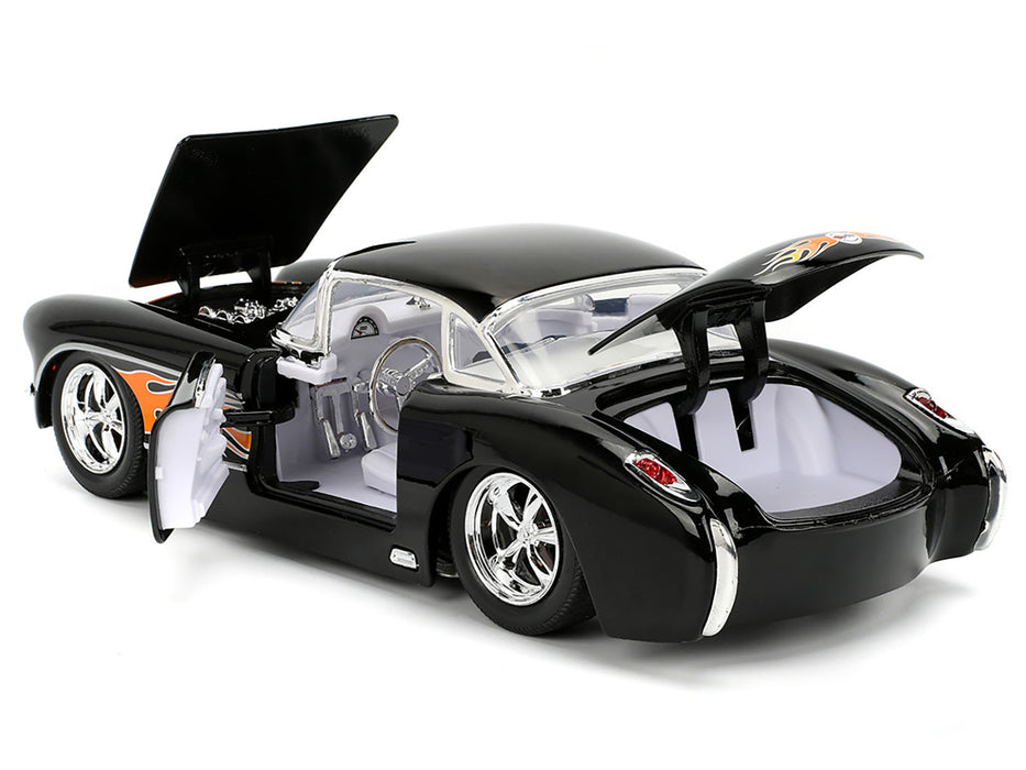 NEW 1957 Chevrolet Corvette Black with Flame Graphics and White Interior "Bigtime Muscle" Series 1/24 Diecast Model Car by Jada