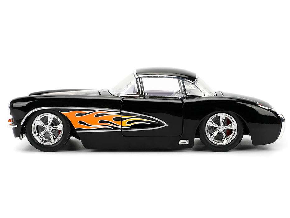 NEW 1957 Chevrolet Corvette Black with Flame Graphics and White Interior "Bigtime Muscle" Series 1/24 Diecast Model Car by Jada