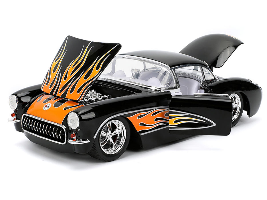 NEW 1957 Chevrolet Corvette Black with Flame Graphics and White Interior "Bigtime Muscle" Series 1/24 Diecast Model Car by Jada