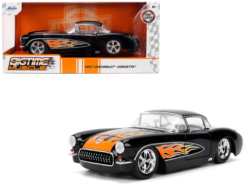 NEW 1957 Chevrolet Corvette Black with Flame Graphics and White Interior "Bigtime Muscle" Series 1/24 Diecast Model Car by Jada