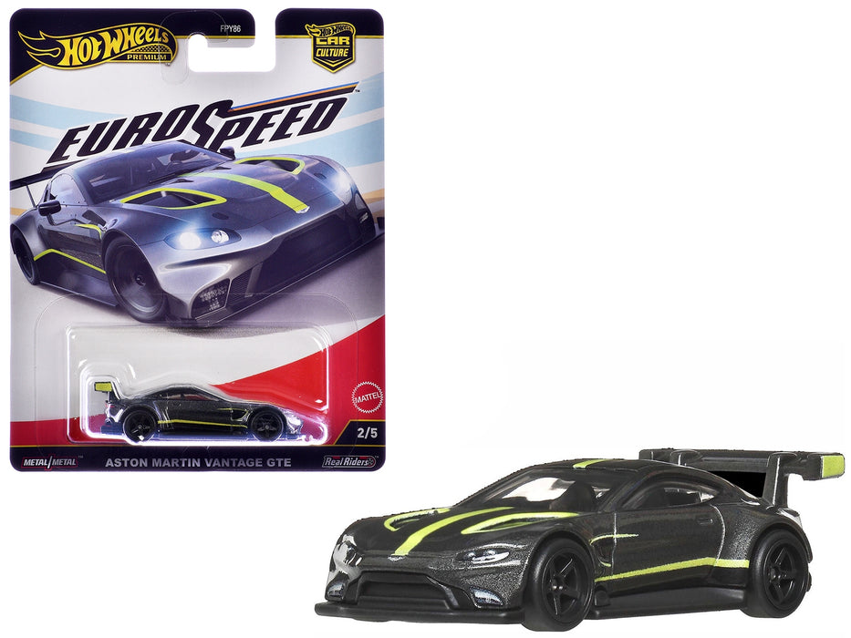 Aston Martin Vantage GTE Dark Gray Metallic with Lime Green Stripes "Euro Speed" Series Diecast Model Car by Hot Wheels