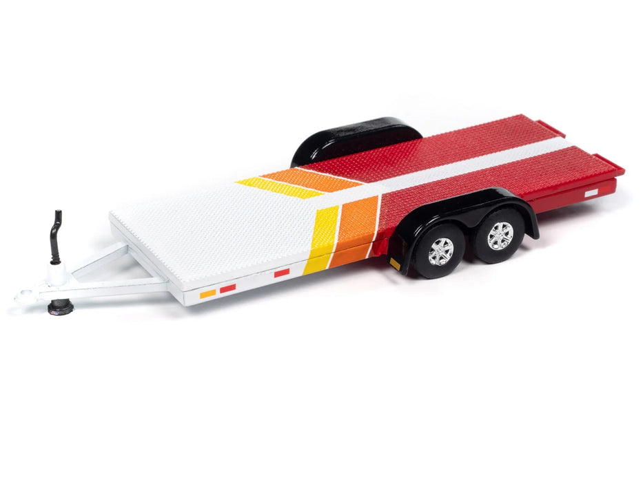 1980 Toyota Land Cruiser Pickup Truck White and Red with Stripes and Open Car Trailer Limited Edition "Tow & Go" Series 1/64 Diecast Model Car by Johnny Lightning