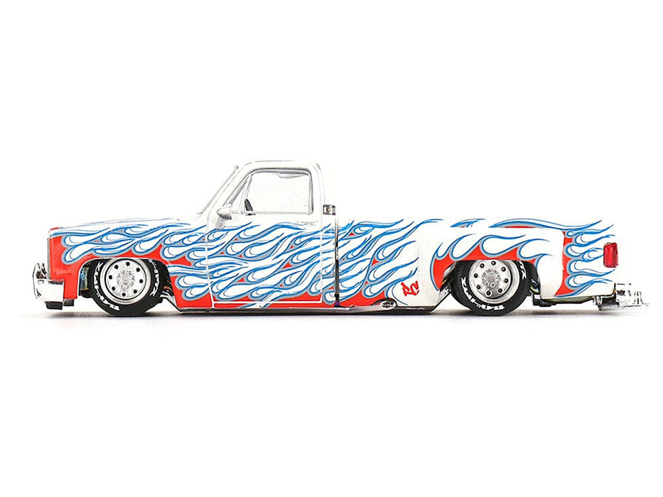 Chevrolet Silverado Dually Pickup Truck "On Fire V2" White Metallic with Blue Flames and Blue Interior (Designed by Jun Imai) "Kaido House" Special 1/64 Diecast Model Car by Mini GT