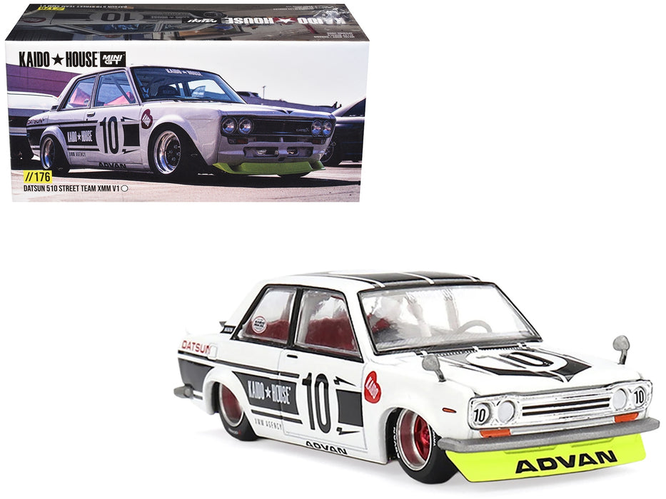 Datsun 510 Street #10 "Team XMM V1" White with Black Stripes (Designed by Jun Imai) "Kaido House" Special 1/64 Diecast Model Car by Mini GT