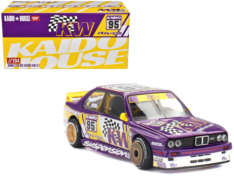 BMW M3 "Kaido KW V1" #95 Purple and Yellow with Graphics (Designed by Jun Imai) "Kaido House" Special 1/64 Diecast Model Car by Mini GT