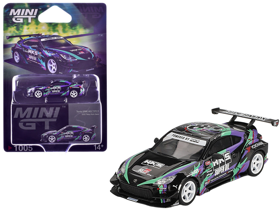 Toyota GR86 "HKS TYPE R" RHD (Right Hand Drive) "HKS Livery" Black with Graphics "2022 Tokyo Auto Salon" Limited Edition 1/64 Diecast Model Car by Mini GT