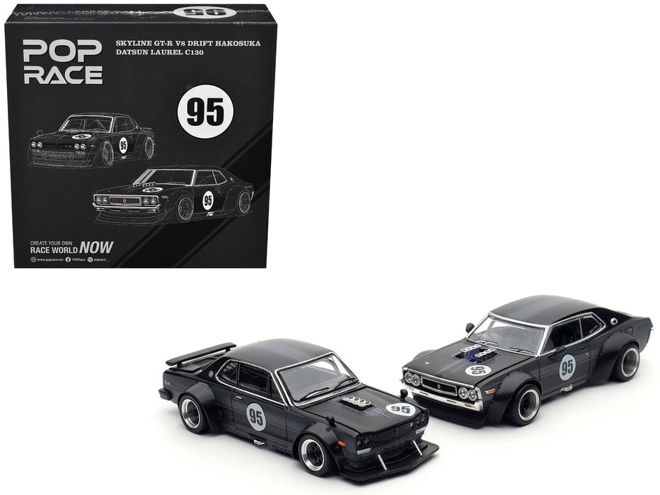 Skyline GT-R V8 Drift "Hakosuka" RHD (Right Hand Drive) #95 Black and Datsun Laurel C130 RHD (Right Hand Drive) Black 2 Car Box Set "Hong Kong Toycar Salon 2025" 1/64 Diecast Model Car by Pop Race