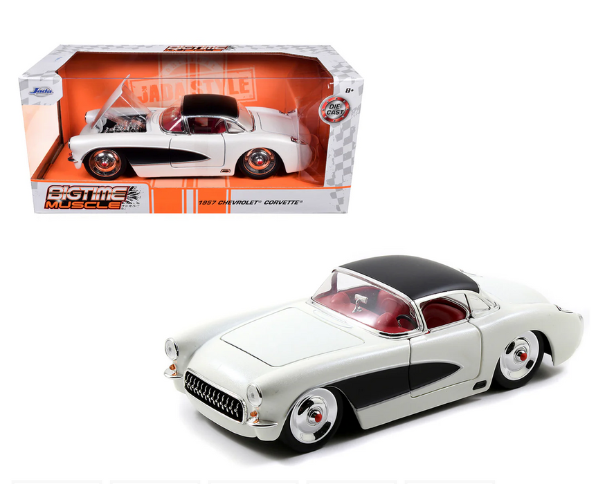 NEW 1957 Chevrolet Corvette Satin Cream Metallic with Matt Black Top and Side 1/24 Diecast Model Car by Jada