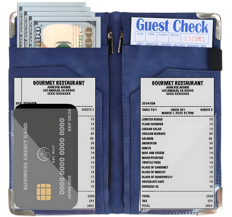 ABC Wolf Server Book – Premium 9"x5" Waitstaff Organizer by a Sommelier-Owned Small Business | 2 Zipper Pockets, Metal Corners, 2 ID Windows – Durable & Professional