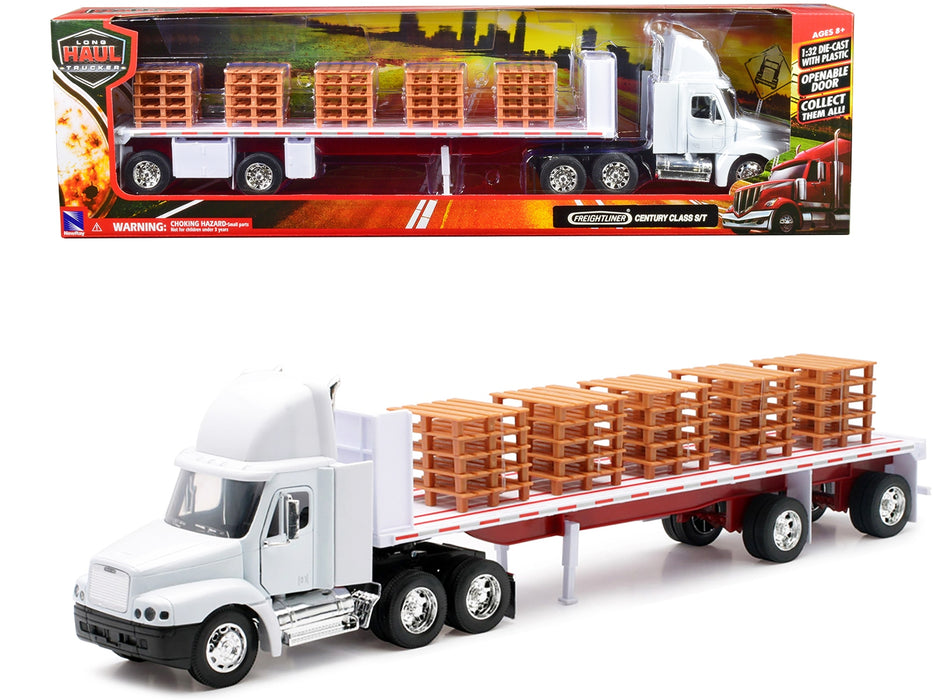 Freightliner Century Class S/T Flatbed Truck White with Pallet Accessories "Long Haul Trucker" Series 1/32 Diecast Model by New Ray - Miniature Motors