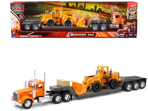 Kenworth W900 Truck with Lowboy Trailer Orange and Wheel Loader Yellow "Long Haul Trucker" Series 1/32 Diecast Model by New Ray - Miniature Motors
