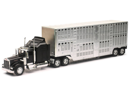 Kenworth W900 Truck Black with Pot Belly Livestock Chrome "Long Haul Truckers" Series 1/32 Diecast Model by New Ray - Miniature Motors