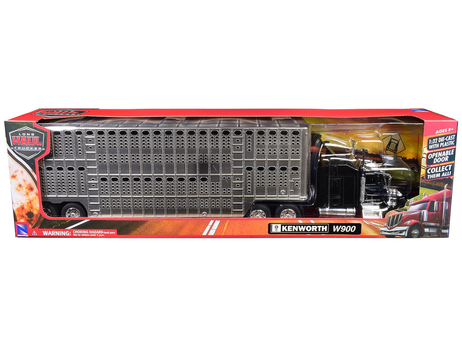 Kenworth W900 Truck Black with Pot Belly Livestock Chrome "Long Haul Truckers" Series 1/32 Diecast Model by New Ray - Miniature Motors