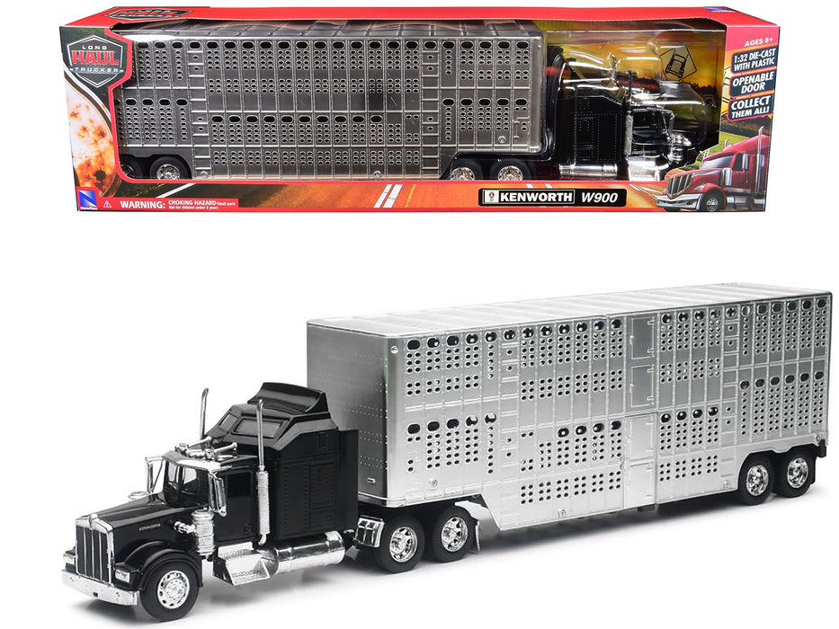 Kenworth W900 Truck Black with Pot Belly Livestock Chrome "Long Haul Truckers" Series 1/32 Diecast Model by New Ray - Miniature Motors