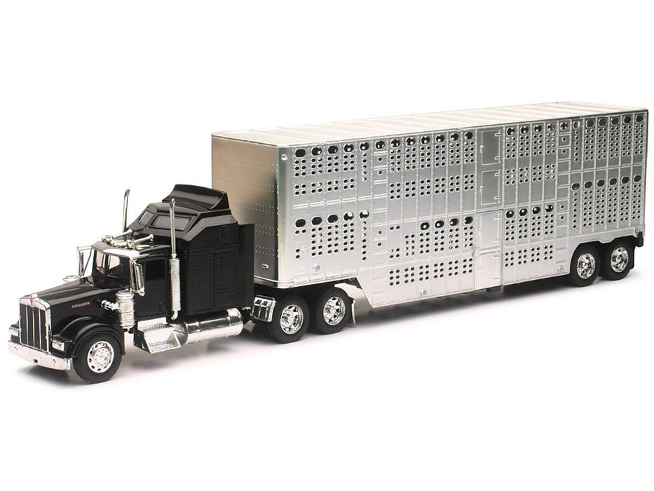 Kenworth W900 Truck Black with Pot Belly Livestock Chrome "Long Haul Truckers" Series 1/32 Diecast Model by New Ray - Miniature Motors