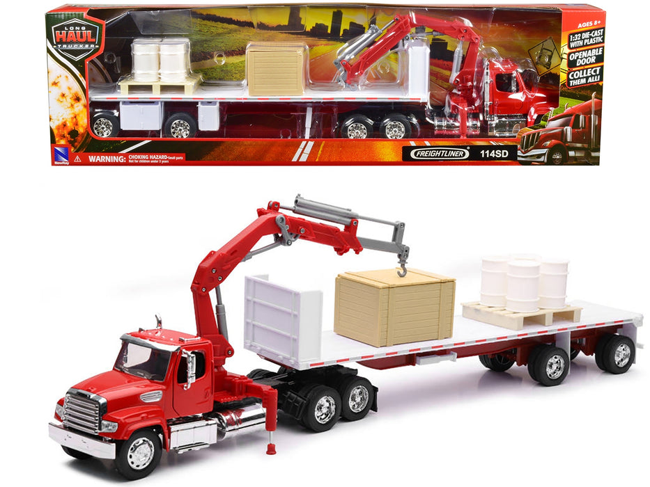 Freightliner 114SD Flatbed Truck with Crane Red with Accessories "Long Haul Trucker" Series 1/32 Diecast Model by New Ray - Miniature Motors