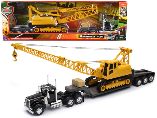 Kenworth W900 Truck with Lowboy Trailer Black and Crane Yellow "Long Haul Trucker" Series 1/32 Diecast Model by New Ray - Miniature Motors