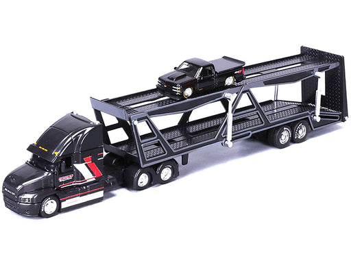 Mack Anthem Open Car Hauler Black with Red and White Stripes "Kenzie's Transport Services" and 1993 Chevrolet 454 SS Pickup Truck Black "Transporters" Series 1/64 Diecast Models by Maisto