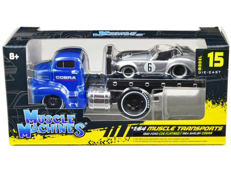 1950 Ford COE Flatbed Truck Blue "Cobra Powered by Ford" and 1964 Shelby Cobra #6 Silver Metallic with Stripes "Muscle Transports" Series 1/64 Diecast Model Cars by Muscle Machines - Miniature Motors