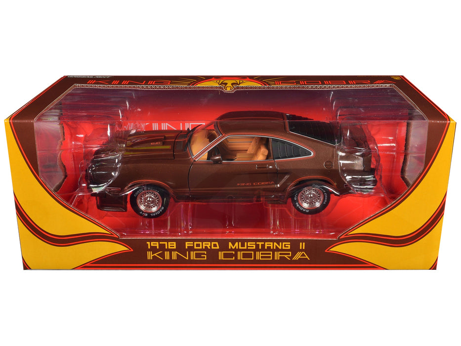 1978 Ford Mustang II King Cobra Dark Brown Metallic with Orange and Gold Hood Stripes 1/18 Diecast Model Car by Greenlight