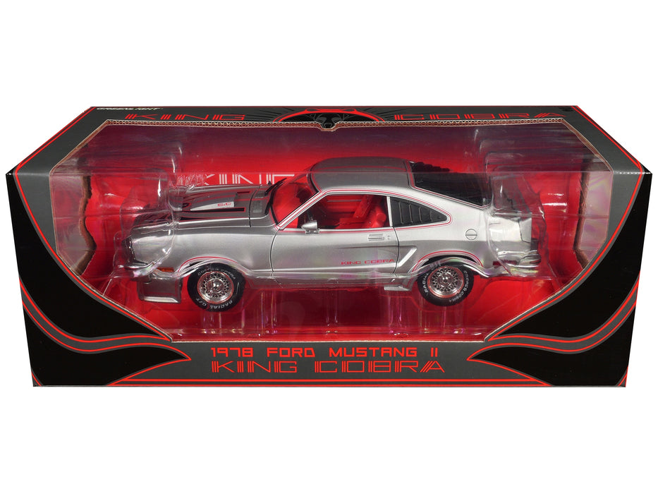 1978 Ford Mustang II King Cobra Silver Metallic with Red and Black Hood Stripes 1/18 Diecast Model Car by Greenlight