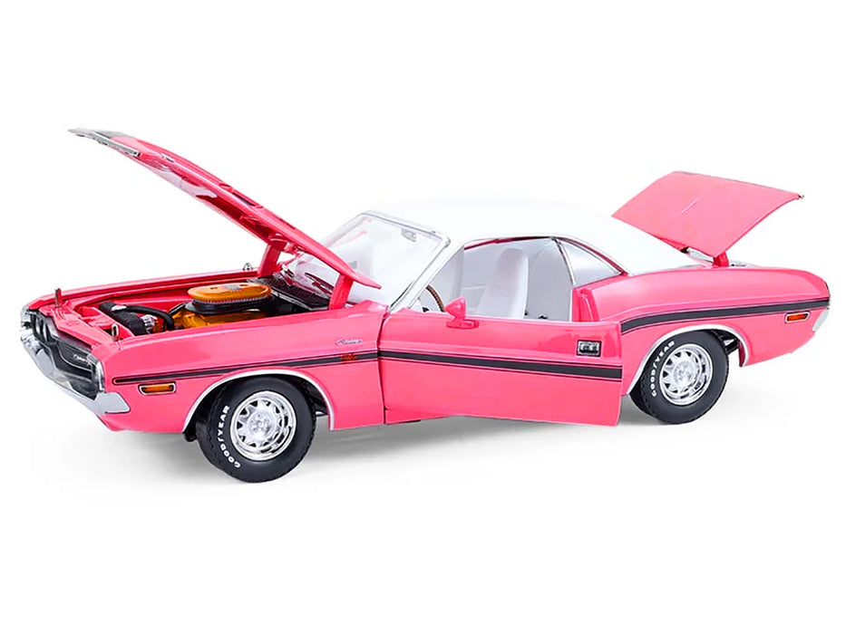 1970 Dodge Challenger R/T 440 Six Pack Panther Pink with Black Stripes White Top and White Interior 1/18 Diecast Model Car by Greenlight