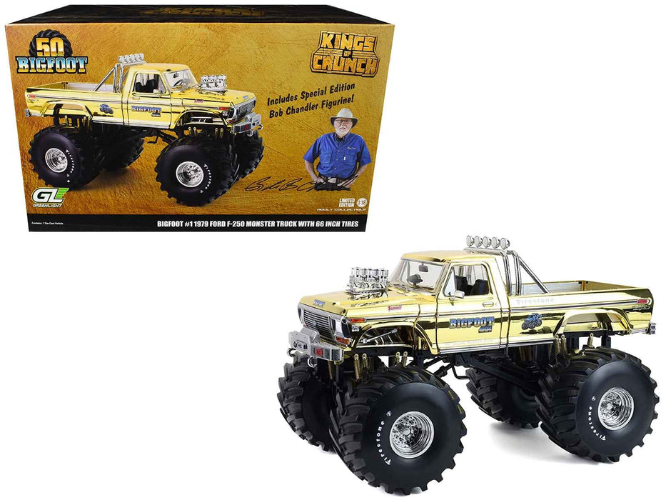 1979 Ford F-250 Monster Truck "Bigfoot #1 50th Anniversary" Gold Chrome with Bob Chandler Standing Figure "Kings of Crunch" Series 1/18 Diecast Model Car by Greenlight