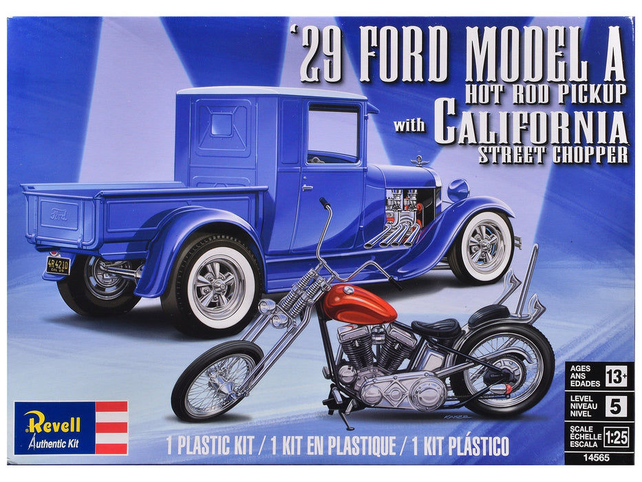 Level 5 Model Kit 1929 Ford Model A Hot Rod Pickup Truck and California Street Chopper Motorcycle 1/25 Scale Model by Revell