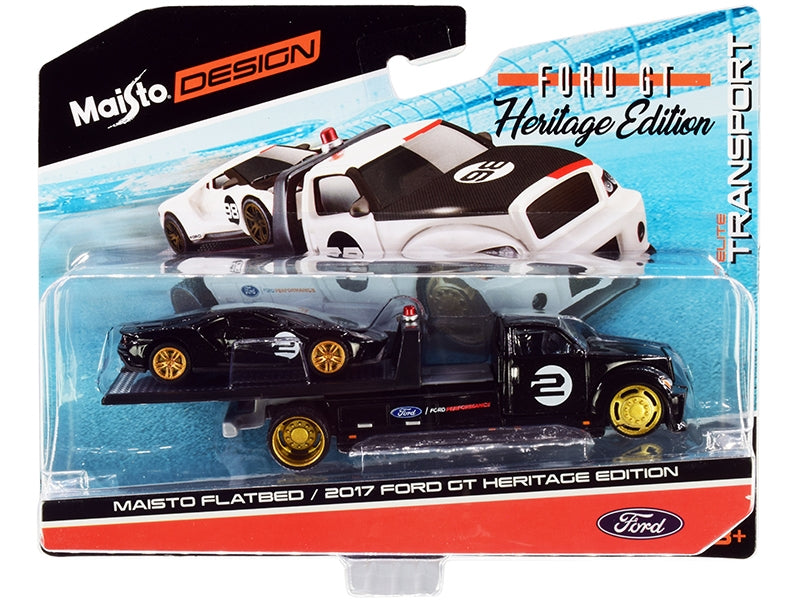 2017 Ford GT #2 Heritage Edition with Flatbed Truck Black "Elite Transport" Series 1/64 Diecast Model Cars by Maisto - Miniature Motors