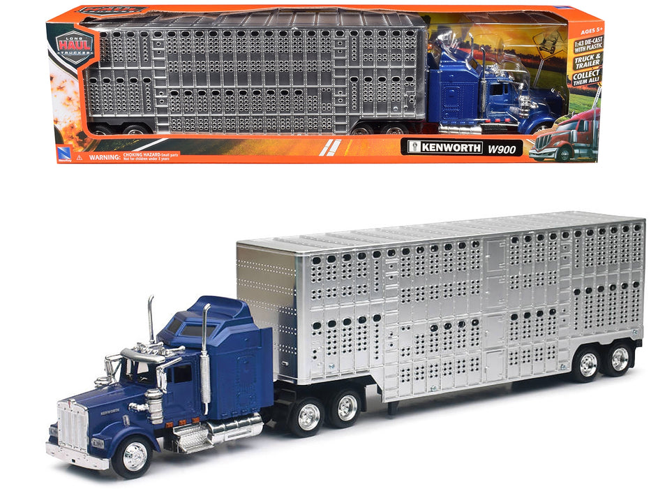 Kenworth W900 Truck Blue with Potbelly Livestock Trailer Chrome "Long Haul Truckers" Series 1/43 Diecast Model by New Ray - Miniature Motors