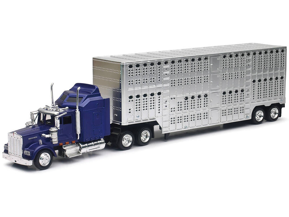 Kenworth W900 Truck Blue with Potbelly Livestock Trailer Chrome "Long Haul Truckers" Series 1/43 Diecast Model by New Ray - Miniature Motors