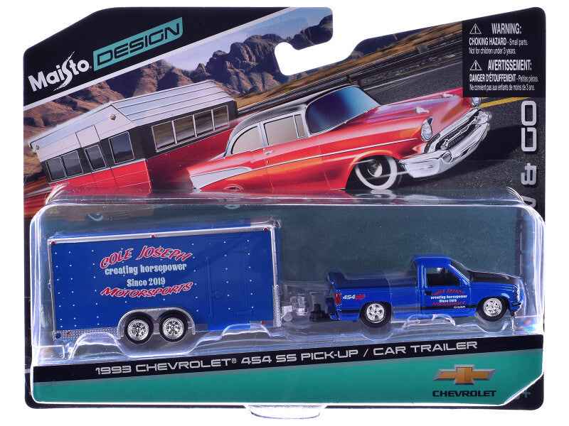 1993 Chevrolet 454 SS Pickup Truck Blue Metallic with Black Hood and Car Trailer Blue Metallic "Cole Joseph Motorsports" "Tow & Go" Series 1/64 Diecast Model Car by Maisto