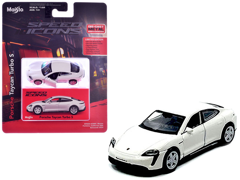 Porsche Taycan Turbo S White "Speed Icons" Series 1/64 Diecast Model Car by Maisto